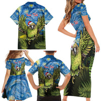 Personalised Jumping Kakapo Christmas Family Matching Short Sleeve Bodycon Dress and Hawaiian Shirt New Zealand Fern - Starry Night Style LT14 - Polynesian Pride