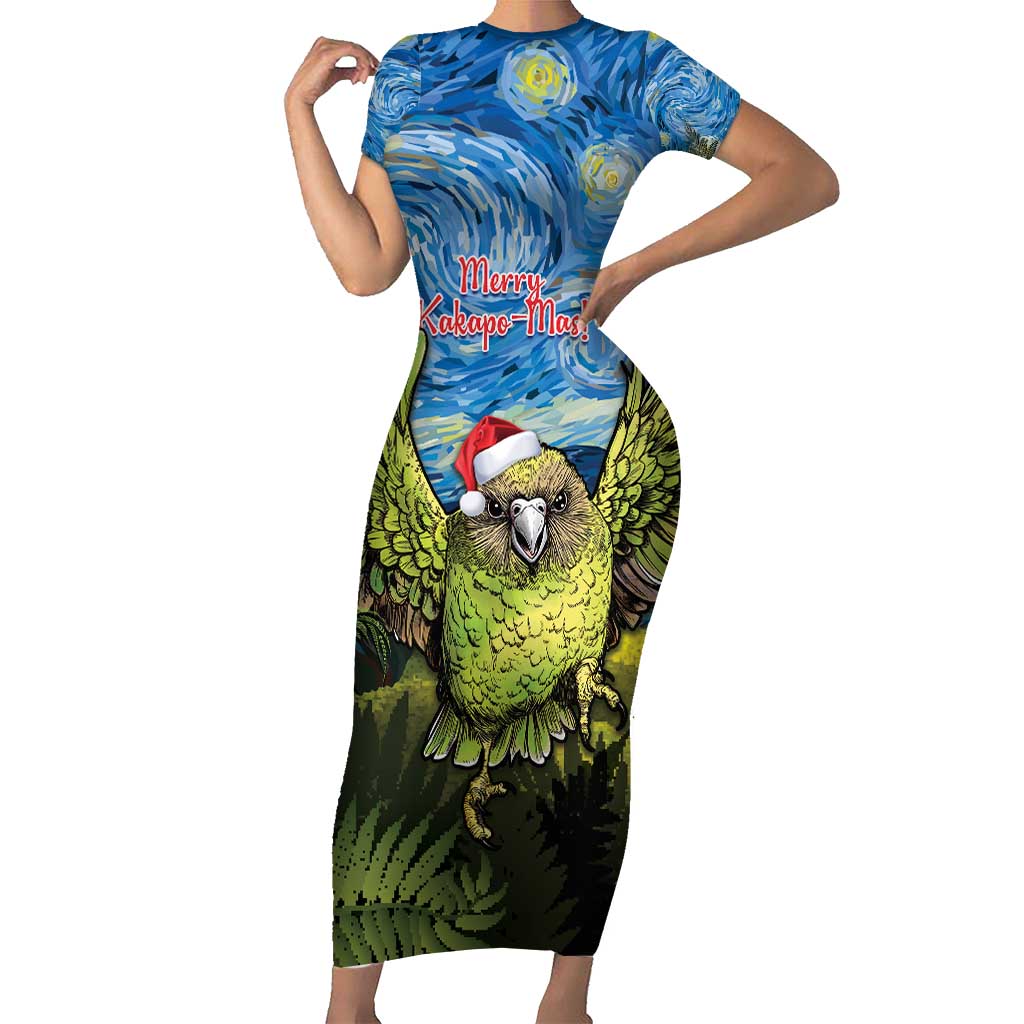 Personalised Jumping Kakapo Christmas Family Matching Short Sleeve Bodycon Dress and Hawaiian Shirt New Zealand Fern - Starry Night Style LT14 Mom's Dress Green - Polynesian Pride