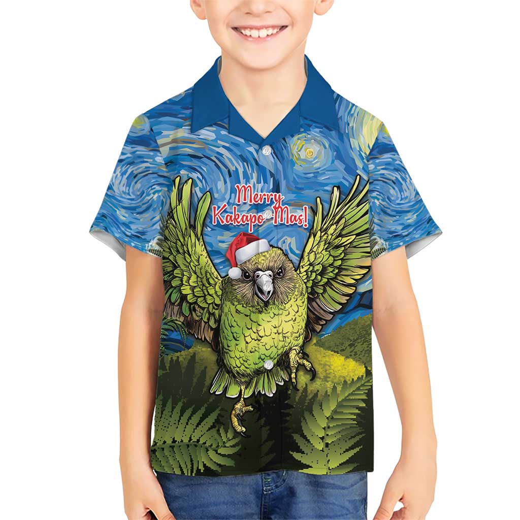 Personalised Jumping Kakapo Christmas Family Matching Short Sleeve Bodycon Dress and Hawaiian Shirt New Zealand Fern - Starry Night Style LT14 Son's Shirt Green - Polynesian Pride