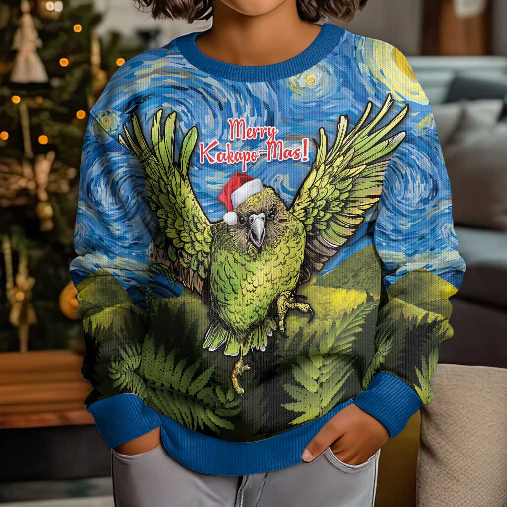 Personalised Jumping Kakapo Christmas Kid Ugly Christmas Sweater New Zealand Fern - Starry Night Style LT14 - Polynesian Pride