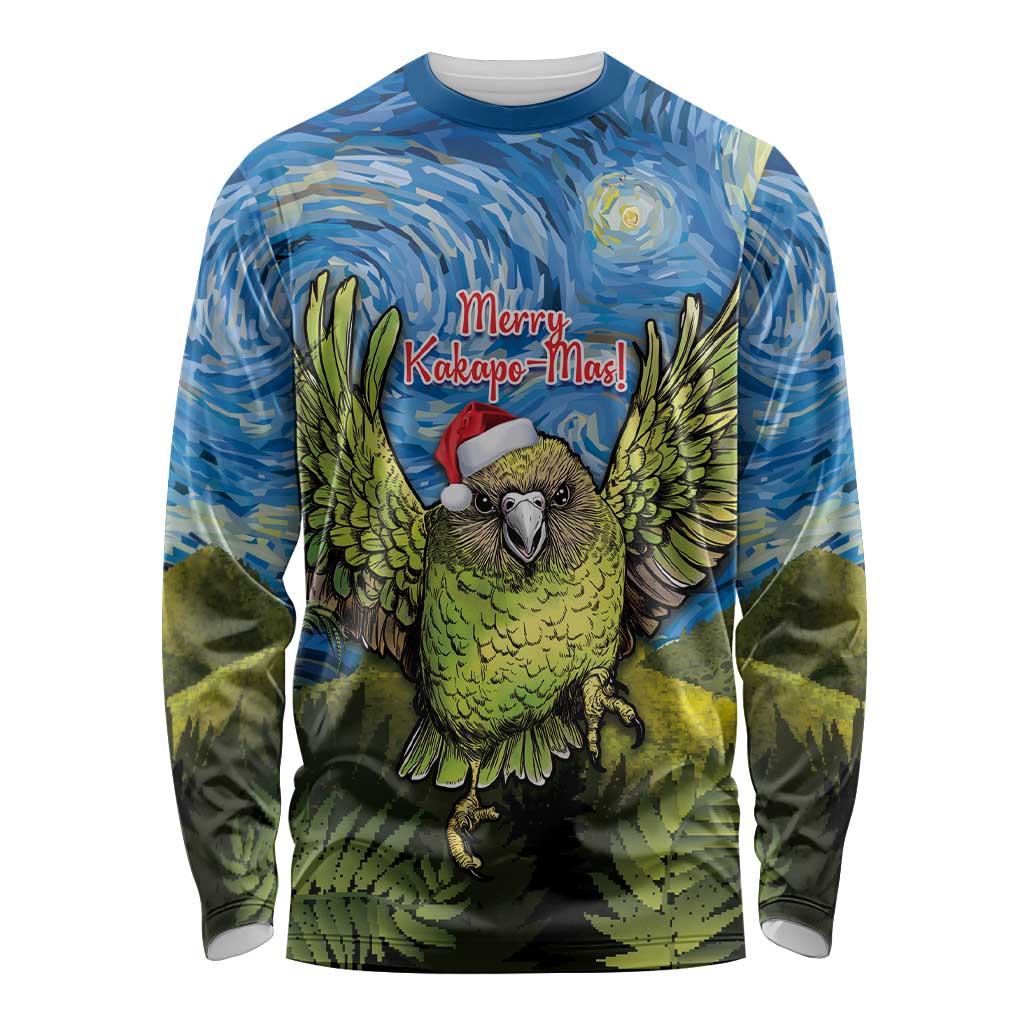 Personalised Jumping Kakapo Christmas Long Sleeve Shirt New Zealand Fern - Starry Night Style