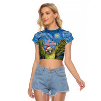 Personalised Jumping Kakapo Christmas Raglan Cropped T Shirt New Zealand Fern - Starry Night Style LT14 Female Green - Polynesian Pride