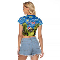 Personalised Jumping Kakapo Christmas Raglan Cropped T Shirt New Zealand Fern - Starry Night Style LT14 - Polynesian Pride