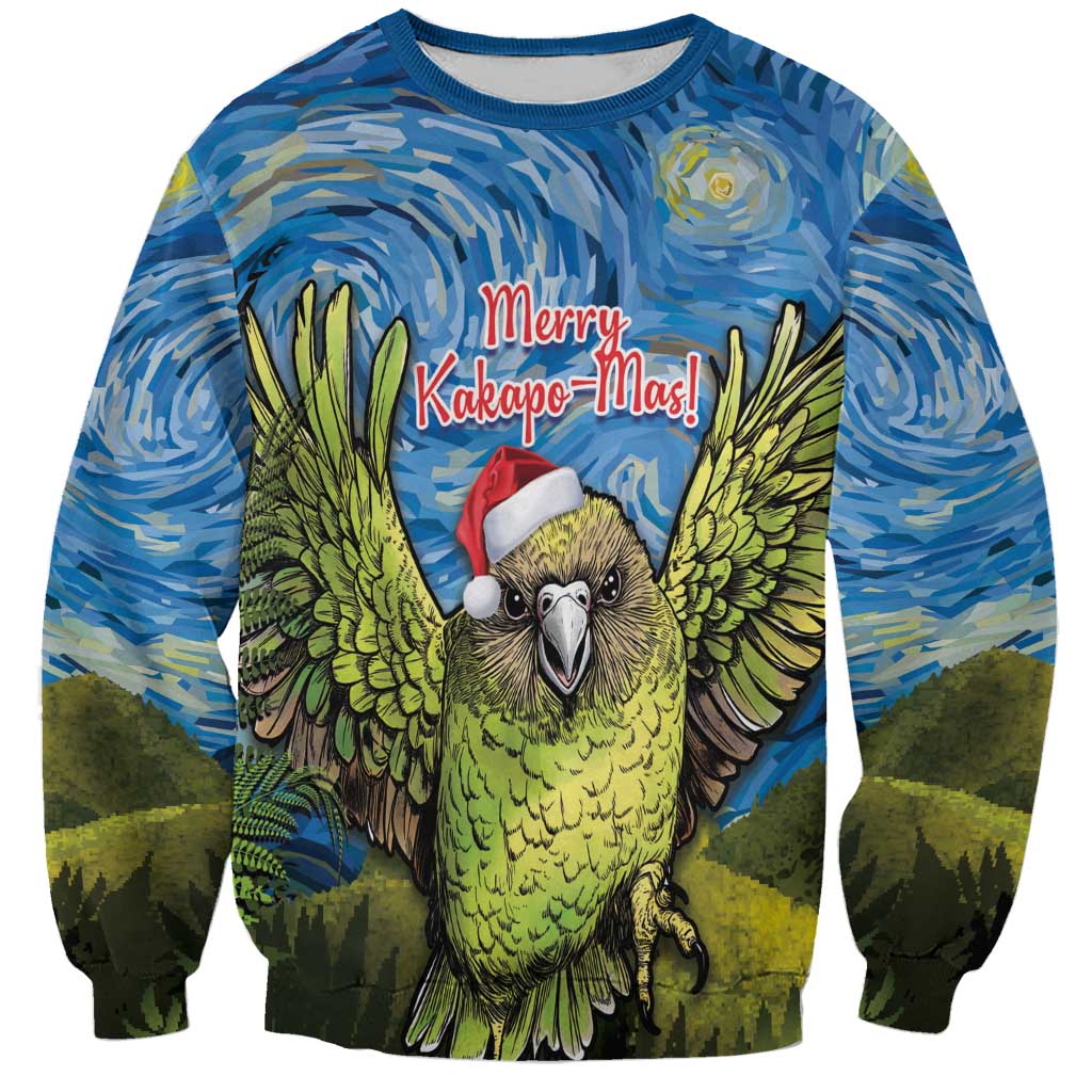 Personalised Jumping Kakapo Christmas Sweatshirt New Zealand Fern - Starry Night Style LT14 Unisex Green - Polynesian Pride
