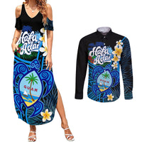 Hafa Adai Guam Couples Matching Summer Maxi Dress and Long Sleeve Button Shirt Guahan Sea Turtle Tropical Style LT14 Blue - Polynesian Pride
