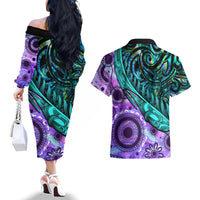New Zealand Paua Shell With Australia Opal Unique Combine Couples Matching Off The Shoulder Long Sleeve Dress and Hawaiian Shirt LT14 - Polynesian Pride