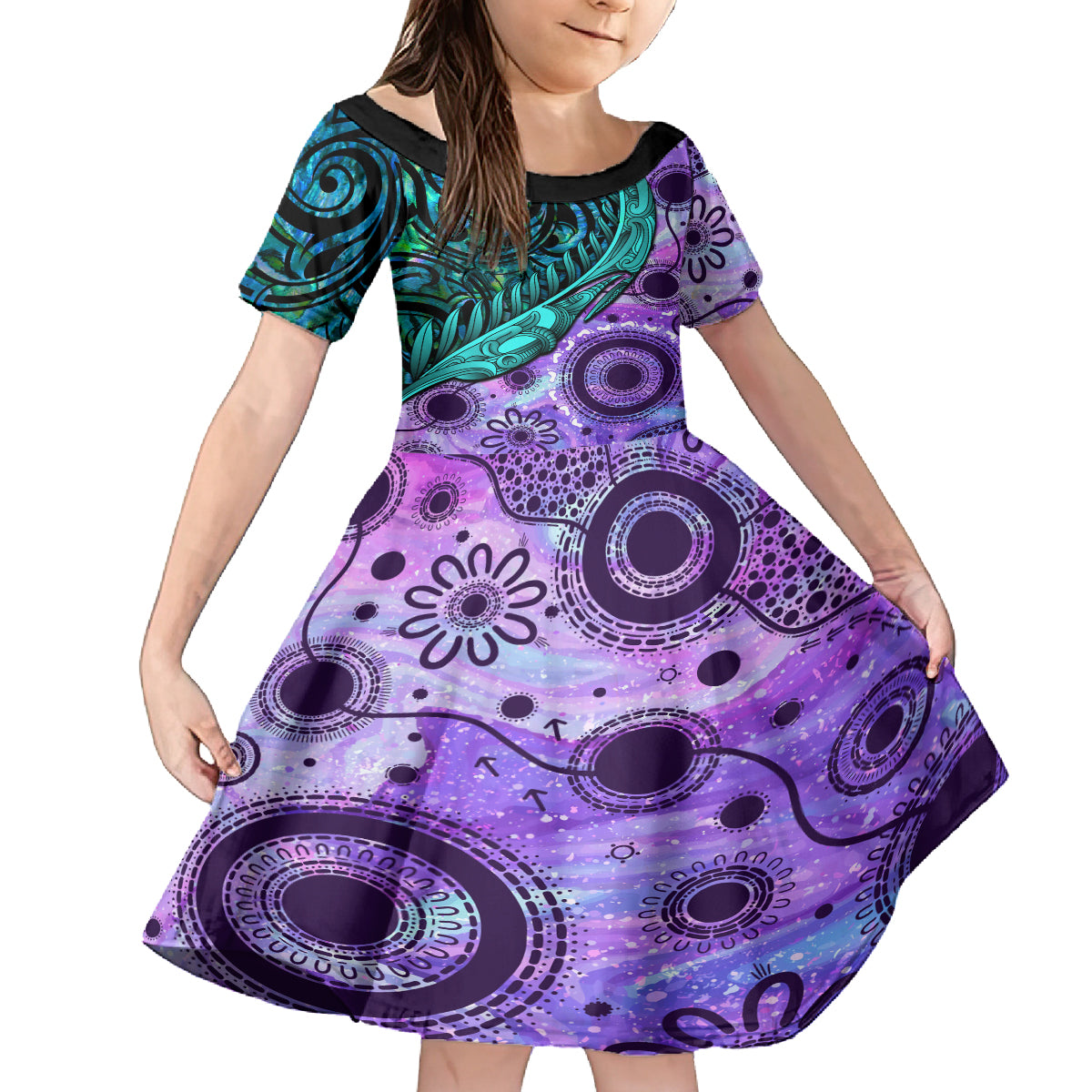 New Zealand Paua Shell With Australia Opal Unique Combine Family Matching Off Shoulder Long Sleeve Dress and Hawaiian Shirt LT14 Daughter's Dress Green - Polynesian Pride