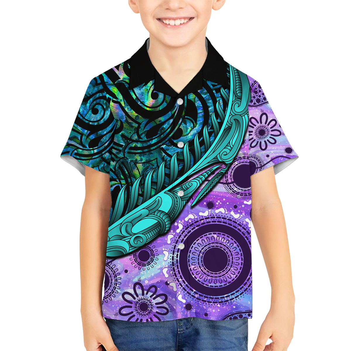 New Zealand Paua Shell With Australia Opal Unique Combine Family Matching Off Shoulder Maxi Dress and Hawaiian Shirt LT14 Son's Shirt Green - Polynesian Pride