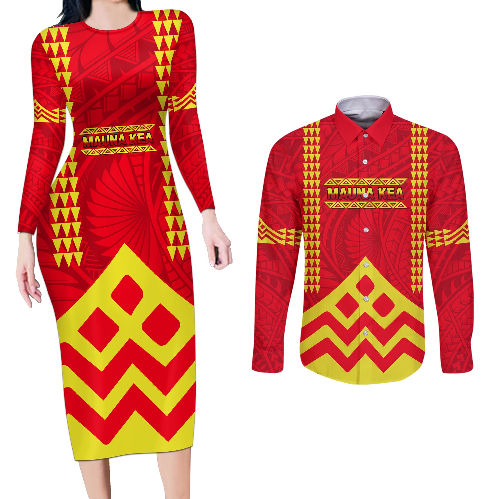 Hawaii Mauna Kea Couples Matching Long Sleeve Bodycon Dress and Long Sleeve Button Shirt Hawaiian Kakau Tribal Pattern LT14 Red - Polynesian Pride
