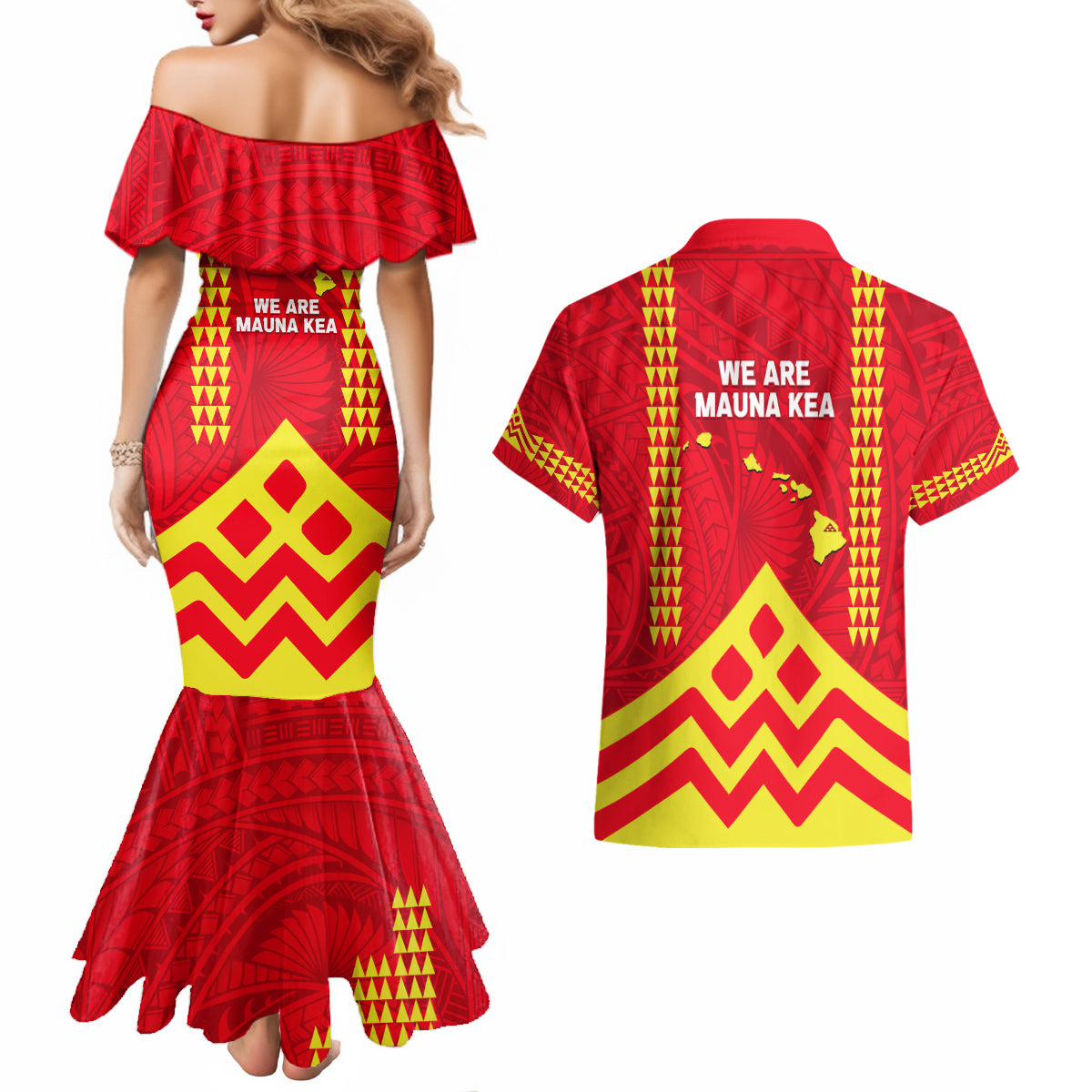 Hawaii Mauna Kea Couples Matching Mermaid Dress and Hawaiian Shirt Hawaiian Kakau Tribal Pattern LT14 - Polynesian Pride