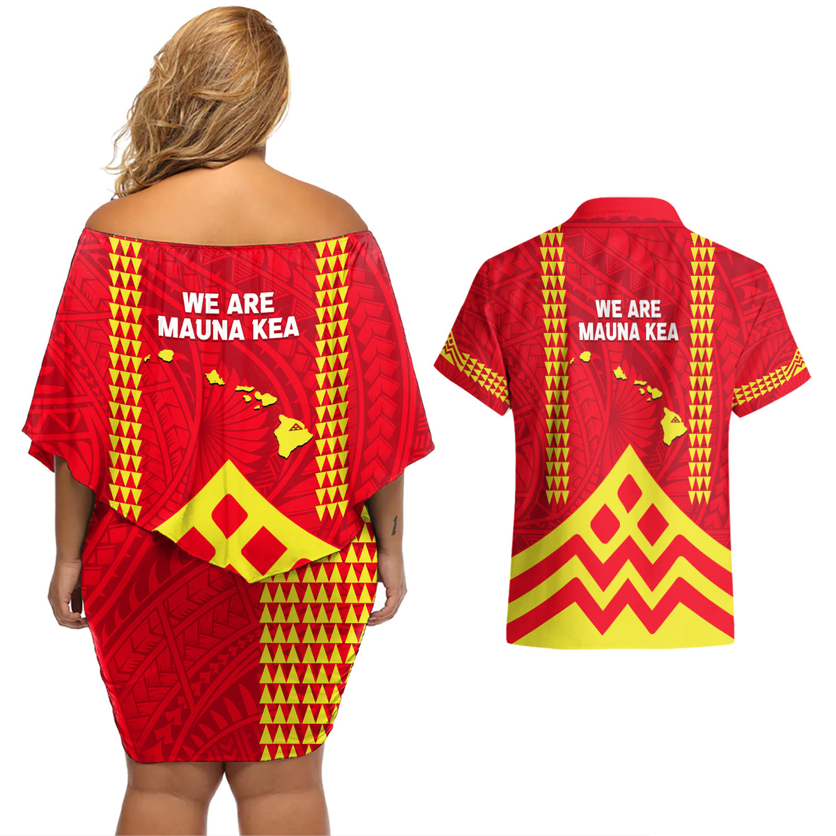 Hawaii Mauna Kea Couples Matching Off Shoulder Short Dress and Hawaiian Shirt Hawaiian Kakau Tribal Pattern LT14 - Polynesian Pride