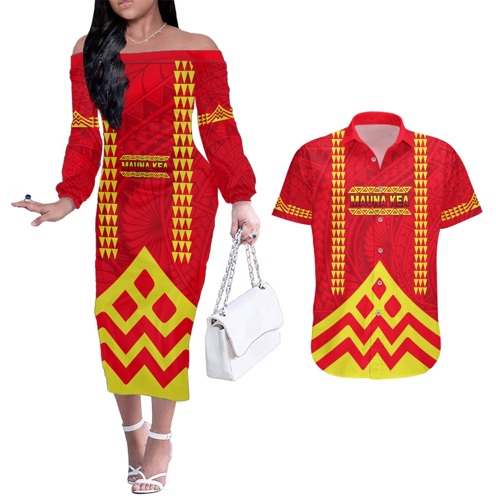 Hawaii Mauna Kea Couples Matching Off The Shoulder Long Sleeve Dress and Hawaiian Shirt Hawaiian Kakau Tribal Pattern LT14 Red - Polynesian Pride