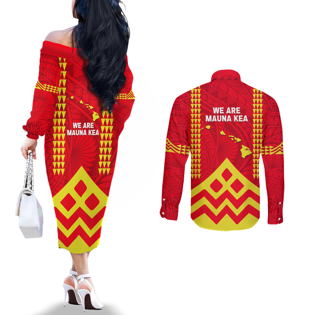 Hawaii Mauna Kea Couples Matching Off The Shoulder Long Sleeve Dress and Long Sleeve Button Shirt Hawaiian Kakau Tribal Pattern LT14 - Polynesian Pride