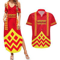 Hawaii Mauna Kea Couples Matching Summer Maxi Dress and Hawaiian Shirt Hawaiian Kakau Tribal Pattern LT14 Red - Polynesian Pride