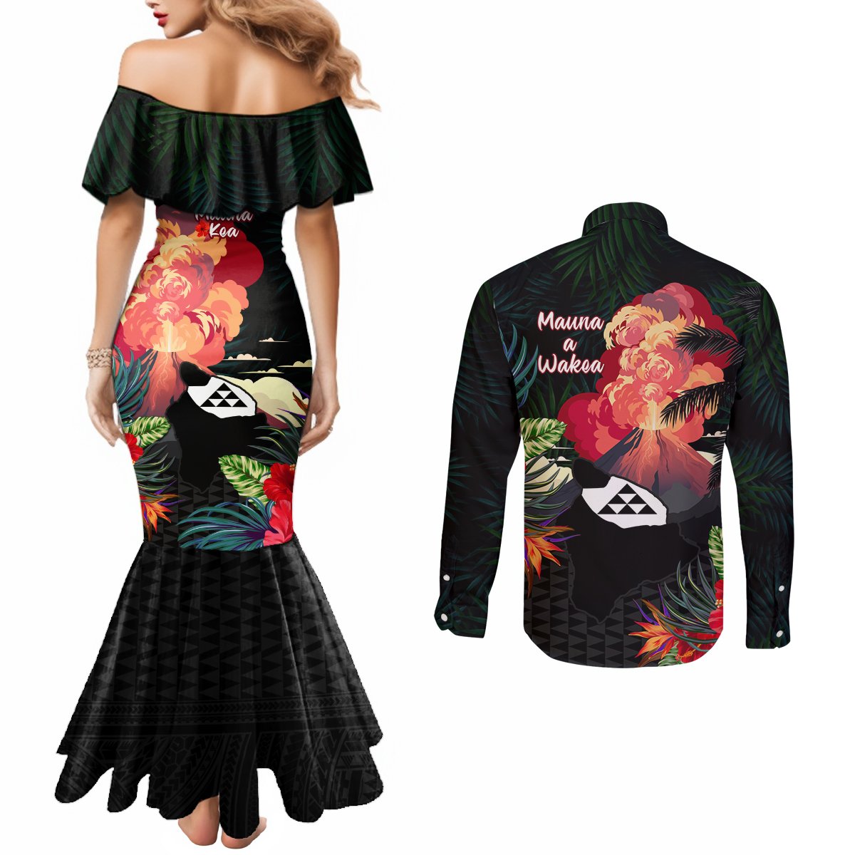 Hawaii Mauna Kea Couples Matching Mermaid Dress and Long Sleeve Button Shirt White Mountain With Nene Tropical Vibes LT14 - Polynesian Pride