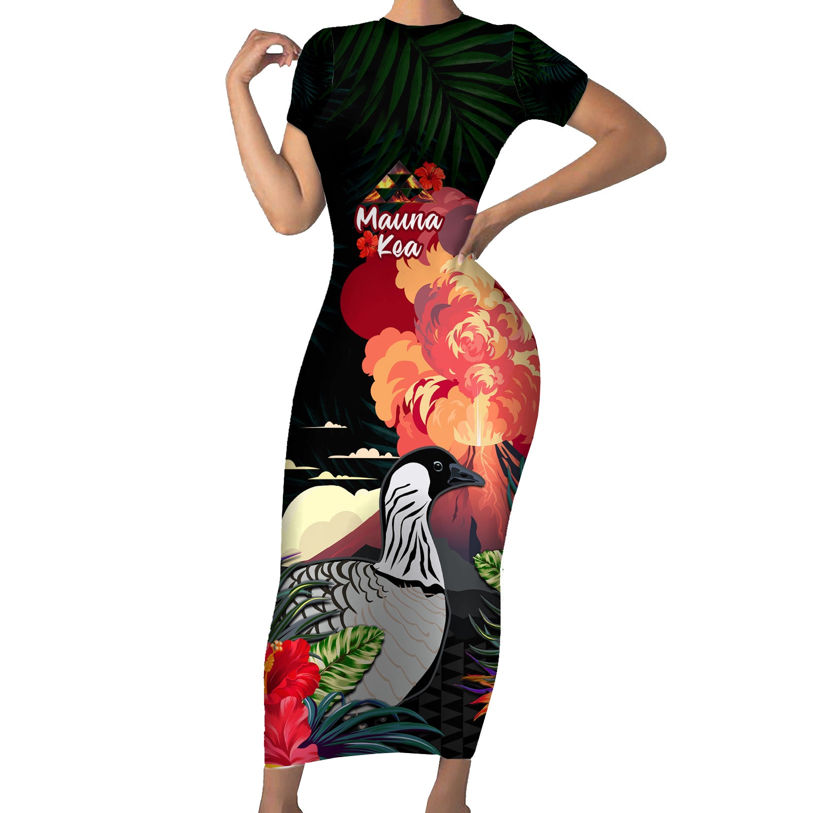 Hawaii Mauna Kea Short Sleeve Bodycon Dress White Mountain With Nene Tropical Vibes LT14 Long Dress Black - Polynesian Pride