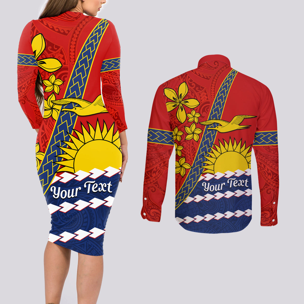 Personalised Mauri Kiribati Couples Matching Long Sleeve Bodycon Dress and Long Sleeve Button Shirt Polynesian Ribaberiki Flag Style Mix Plumeria LT14 - Polynesian Pride