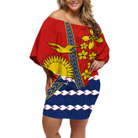 Personalised Mauri Kiribati Family Matching Off Shoulder Short Dress and Hawaiian Shirt Polynesian Ribaberiki Flag Style Mix Plumeria LT14 Mom's Dress Red - Polynesian Pride