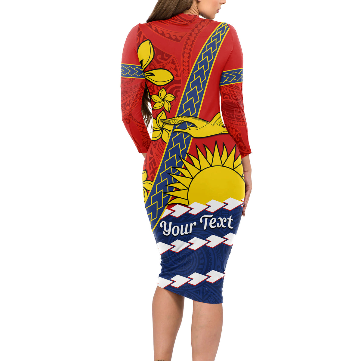 Personalised Mauri Kiribati Long Sleeve Bodycon Dress Polynesian Ribaberiki Flag Style Mix Plumeria LT14 - Polynesian Pride