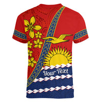 Personalised Mauri Kiribati Women V Neck T Shirt Polynesian Ribaberiki Flag Style Mix Plumeria LT14 - Polynesian Pride