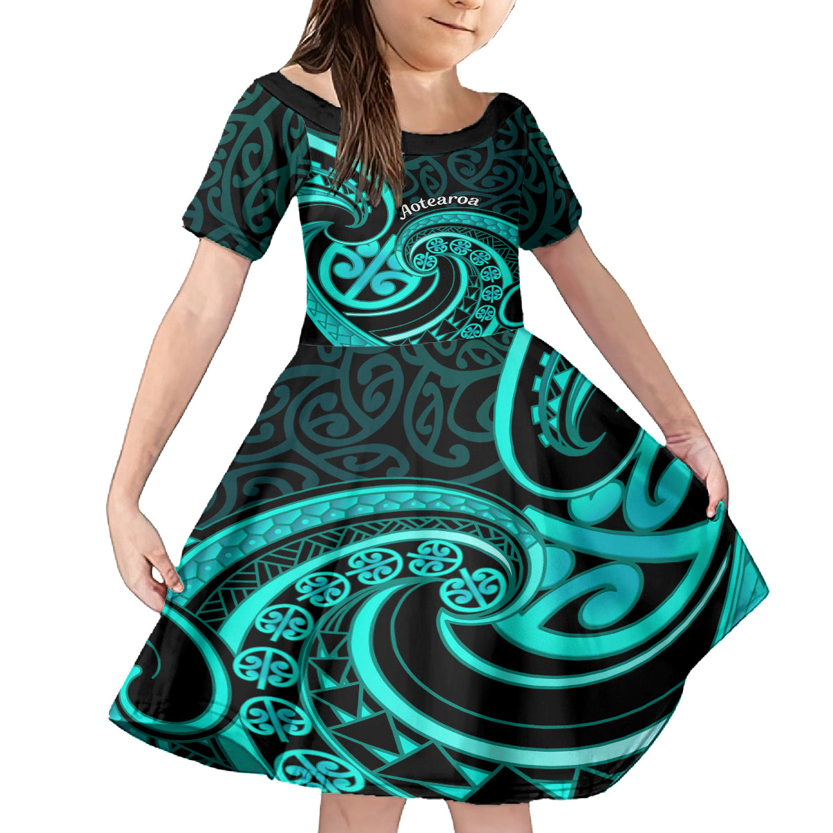 Turquoise New Zealand Mangopare Family Matching Long Sleeve Bodycon Dress and Hawaiian Shirt Aotearoa Maori Koru Style LT14 Daughter's Dress Turquoise - Polynesian Pride
