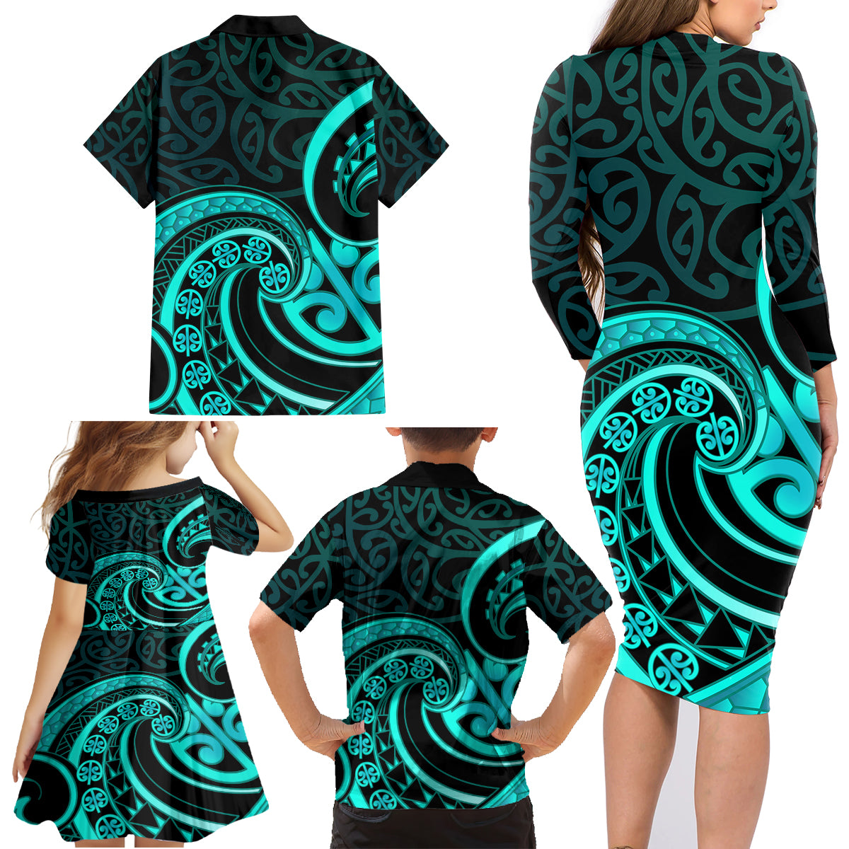 Turquoise New Zealand Mangopare Family Matching Long Sleeve Bodycon Dress and Hawaiian Shirt Aotearoa Maori Koru Style LT14 - Polynesian Pride