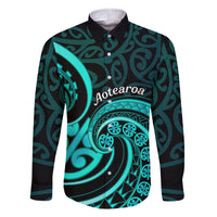 Turquoise New Zealand Mangopare Family Matching Off Shoulder Long Sleeve Dress and Hawaiian Shirt Aotearoa Maori Koru Style LT14 Dad's Shirt - Long Sleeve Turquoise - Polynesian Pride