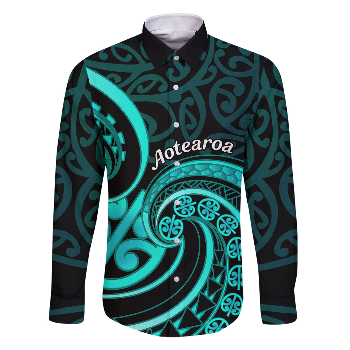 Turquoise New Zealand Mangopare Family Matching Off Shoulder Short Dress and Hawaiian Shirt Aotearoa Maori Koru Style LT14 Dad's Shirt - Long Sleeve Turquoise - Polynesian Pride