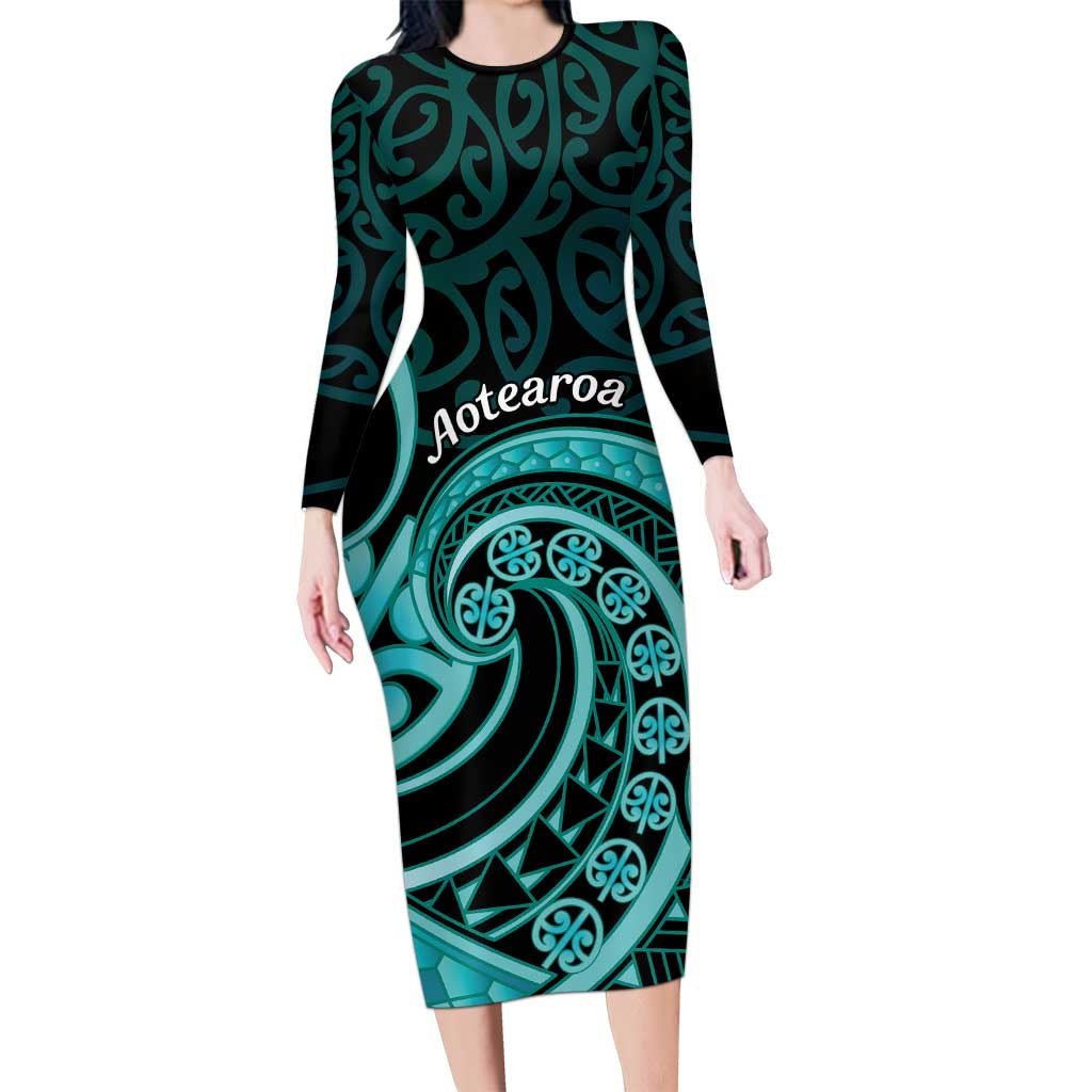 Turquoise New Zealand Mangopare Long Sleeve Bodycon Dress Aotearoa Maori Koru Style LT14