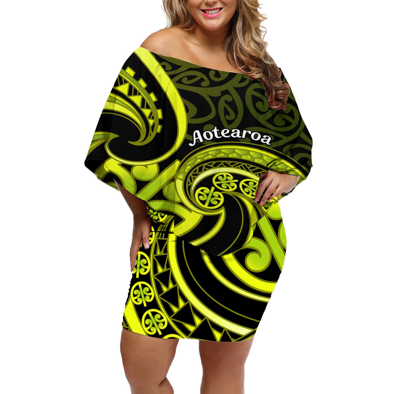 Lime Green New Zealand Mangopare Off Shoulder Short Dress Aotearoa Maori Koru Style LT14 Women Lime Green - Polynesian Pride