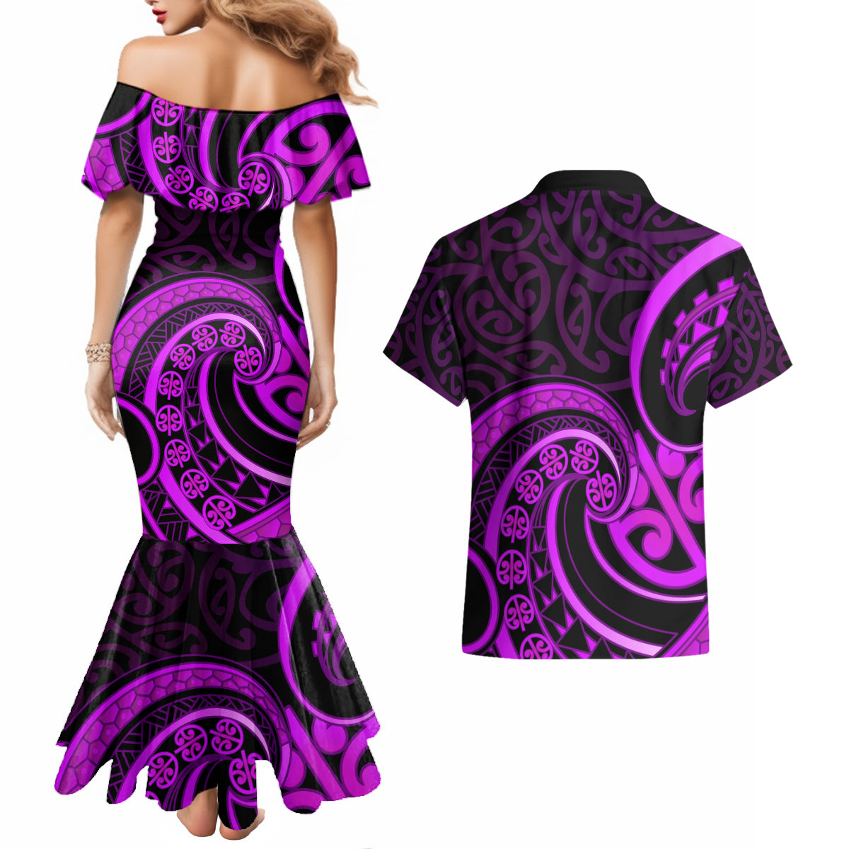 Purple Aotearoa Mangopare Couples Matching Mermaid Dress and Hawaiian Shirt NZ Maori Koru Style LT14 - Polynesian Pride