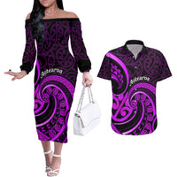 Purple Aotearoa Mangopare Couples Matching Off The Shoulder Long Sleeve Dress and Hawaiian Shirt NZ Maori Koru Style LT14 Purple - Polynesian Pride