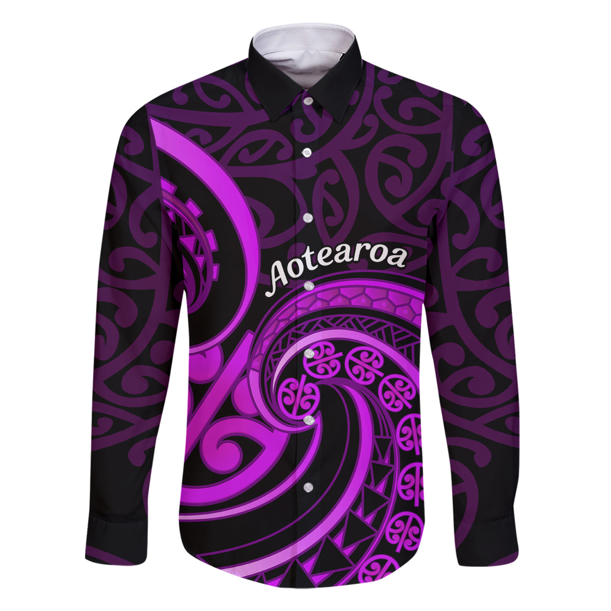 Purple Aotearoa Mangopare Family Matching Off Shoulder Long Sleeve Dress and Hawaiian Shirt NZ Maori Koru Style LT14 Dad's Shirt - Long Sleeve Purple - Polynesian Pride