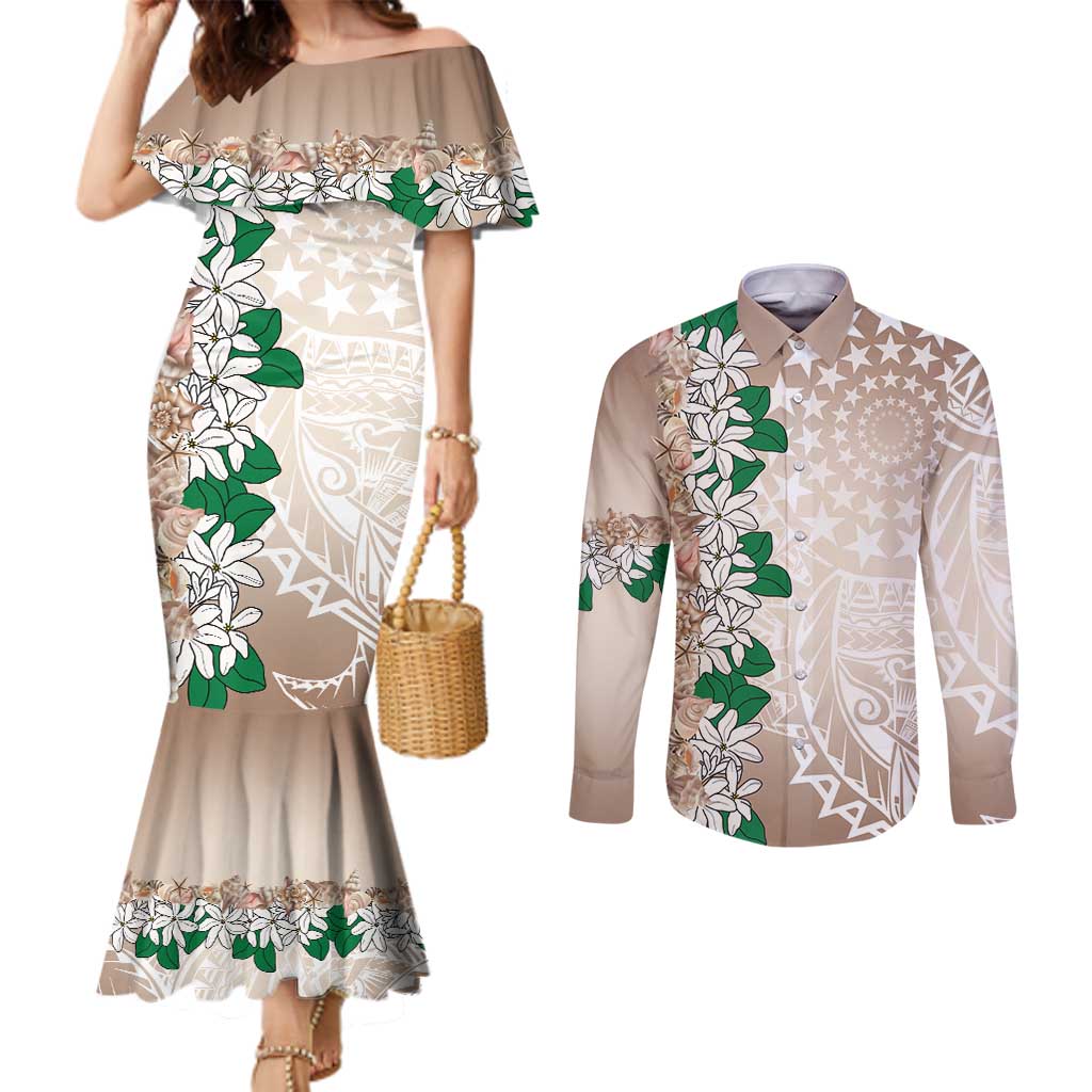 Cook Islands Tiare Maori With Conch Shell Couples Matching Mermaid Dress and Long Sleeve Button Shirt 2025 Pasifika Polynesian Tattoo LT14 Brown - Polynesian Pride