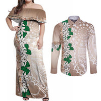 Cook Islands Tiare Maori With Conch Shell Couples Matching Off Shoulder Maxi Dress and Long Sleeve Button Shirt 2025 Pasifika Polynesian Tattoo LT14 Brown - Polynesian Pride