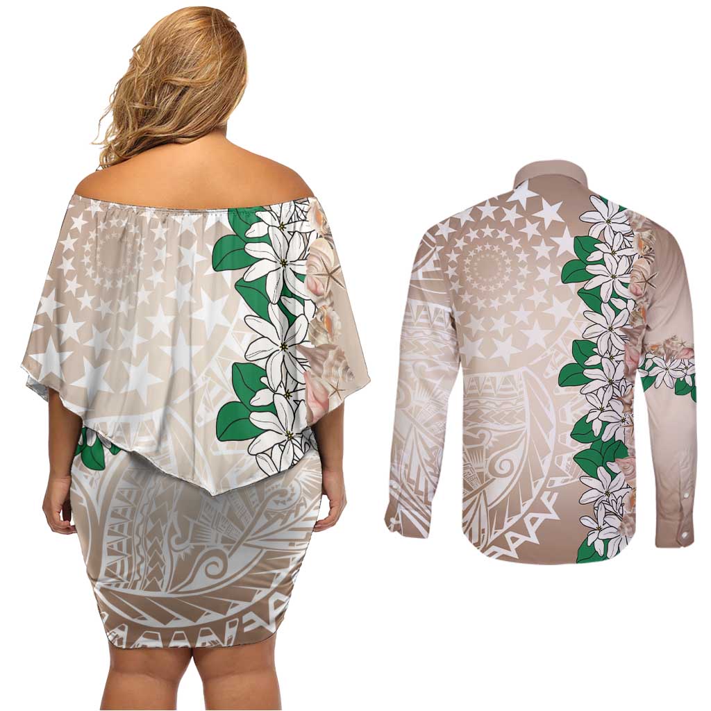 Cook Islands Tiare Maori With Conch Shell Couples Matching Off Shoulder Short Dress and Long Sleeve Button Shirt 2025 Pasifika Polynesian Tattoo LT14 - Polynesian Pride
