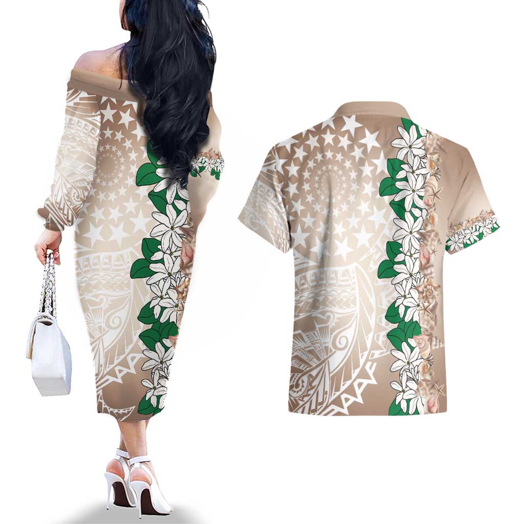 Cook Islands Tiare Maori With Conch Shell Couples Matching Off The Shoulder Long Sleeve Dress and Hawaiian Shirt 2025 Pasifika Polynesian Tattoo