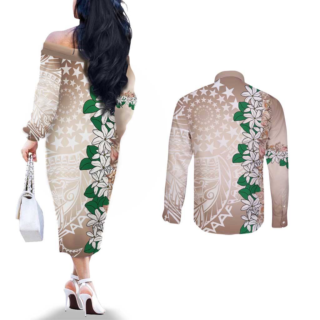 Cook Islands Tiare Maori With Conch Shell Couples Matching Off The Shoulder Long Sleeve Dress and Long Sleeve Button Shirt 2025 Pasifika Polynesian Tattoo LT14 - Polynesian Pride