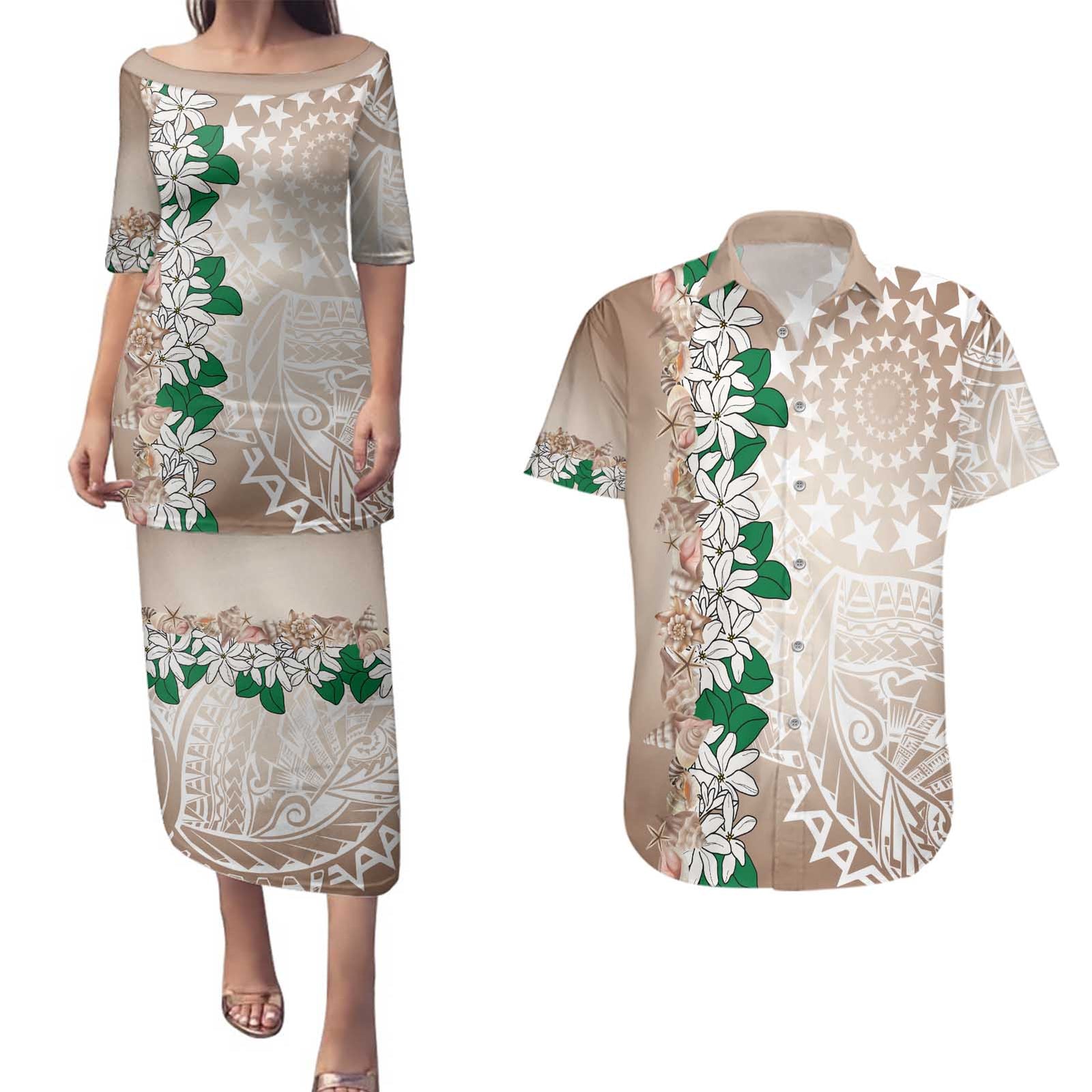 Cook Islands Tiare Maori With Conch Shell Couples Matching Puletasi and Hawaiian Shirt 2025 Pasifika Polynesian Tattoo LT14 Brown - Polynesian Pride