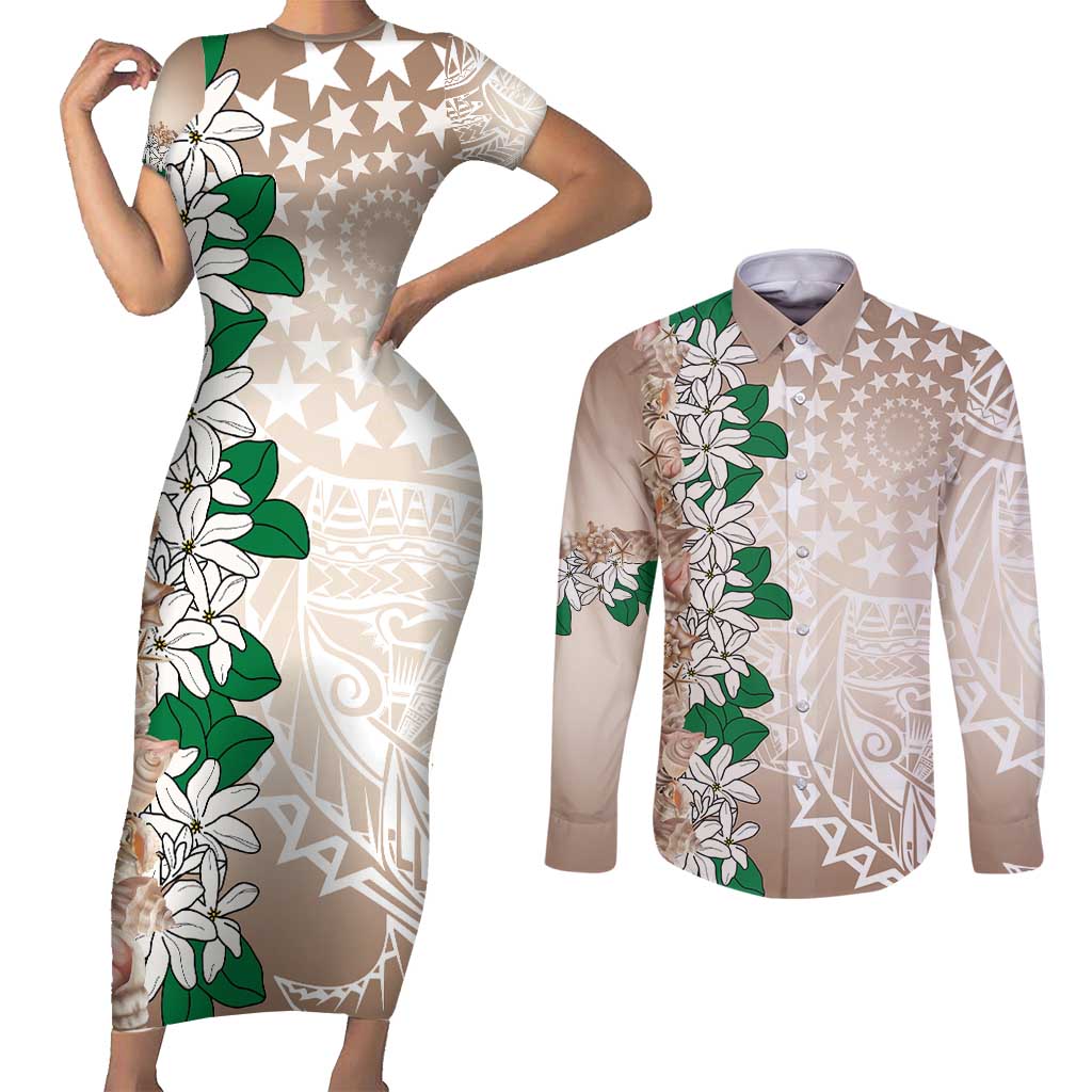 Cook Islands Tiare Maori With Conch Shell Couples Matching Short Sleeve Bodycon Dress and Long Sleeve Button Shirt 2025 Pasifika Polynesian Tattoo LT14 Brown - Polynesian Pride