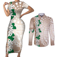 Cook Islands Tiare Maori With Conch Shell Couples Matching Short Sleeve Bodycon Dress and Long Sleeve Button Shirt 2025 Pasifika Polynesian Tattoo LT14 Brown - Polynesian Pride