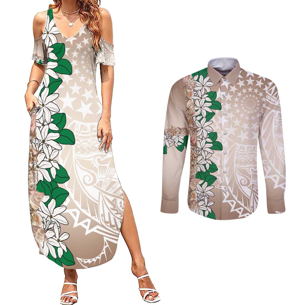 Cook Islands Tiare Maori With Conch Shell Couples Matching Summer Maxi Dress and Long Sleeve Button Shirt 2025 Pasifika Polynesian Tattoo LT14 Brown - Polynesian Pride
