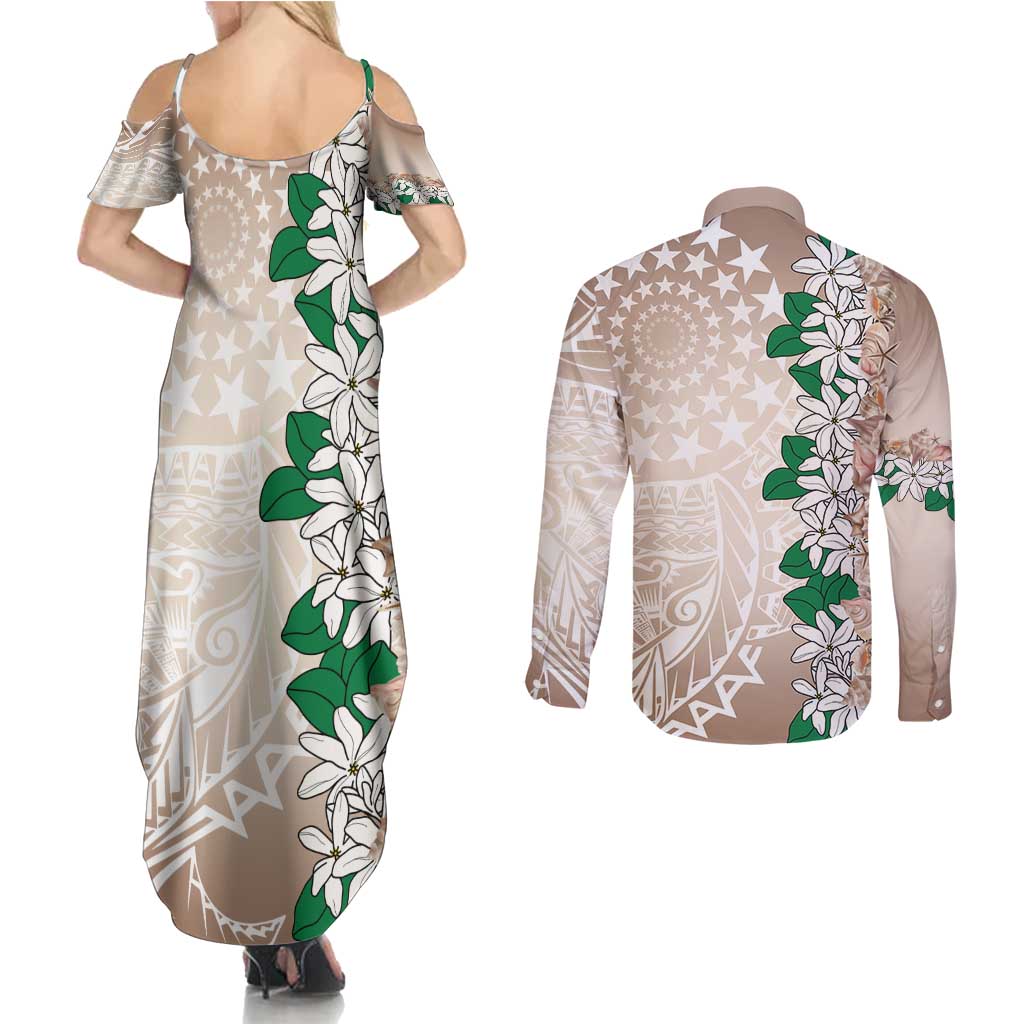 Cook Islands Tiare Maori With Conch Shell Couples Matching Summer Maxi Dress and Long Sleeve Button Shirt 2025 Pasifika Polynesian Tattoo LT14 - Polynesian Pride