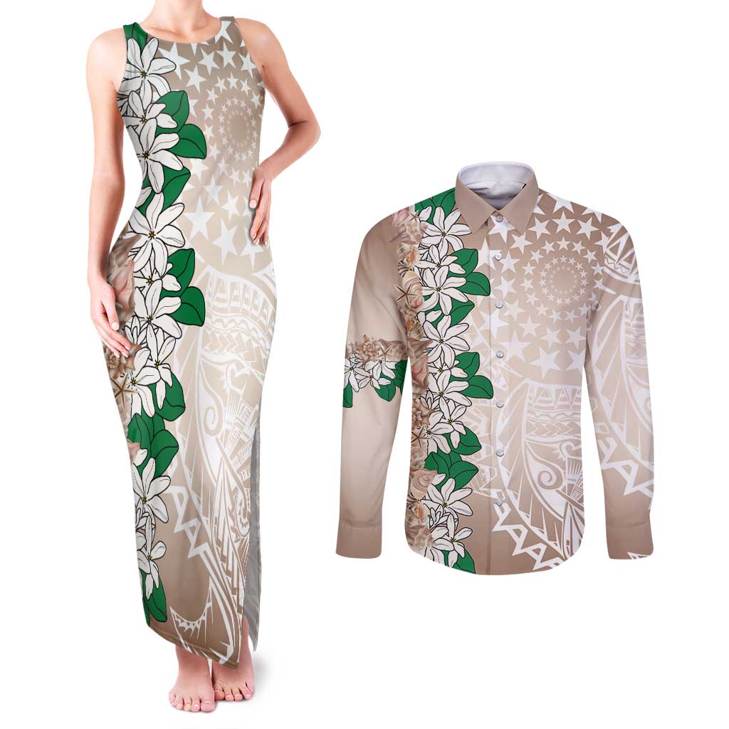 Cook Islands Tiare Maori With Conch Shell Couples Matching Tank Maxi Dress and Long Sleeve Button Shirt 2025 Pasifika Polynesian Tattoo LT14 Brown - Polynesian Pride