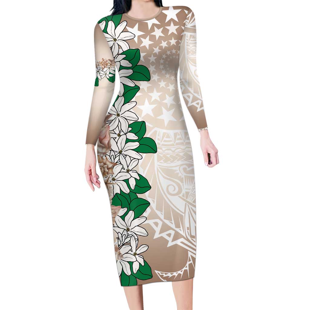 Cook Islands Tiare Maori With Conch Shell Long Sleeve Bodycon Dress 2025 Pasifika Polynesian Tattoo