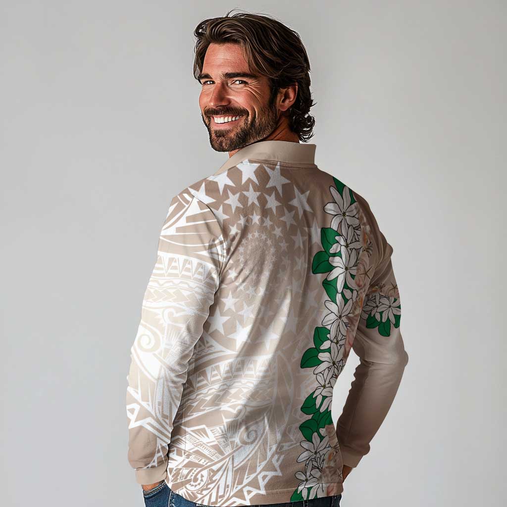 Cook Islands Tiare Maori With Conch Shell Long Sleeve Polo Shirt 2025 Pasifika Polynesian Tattoo