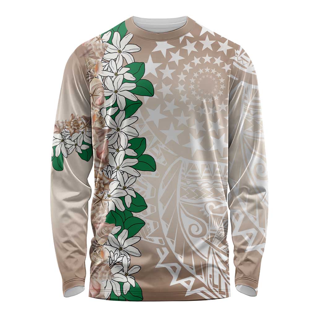 Cook Islands Tiare Maori With Conch Shell Long Sleeve Shirt 2025 Pasifika Polynesian Tattoo LT14 Unisex Brown - Polynesian Pride