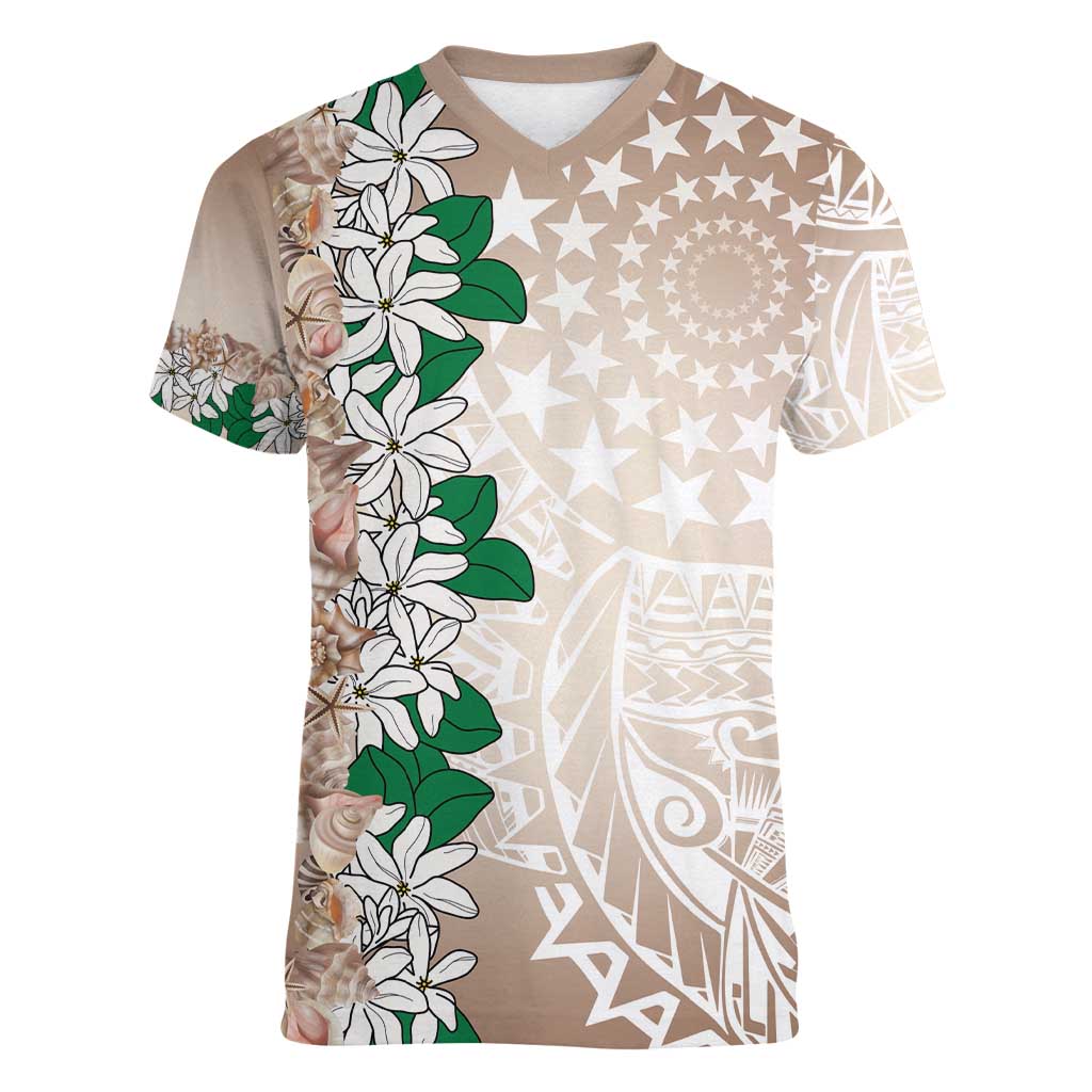 Cook Islands Tiare Maori With Conch Shell Women V-Neck T-Shirt 2025 Pasifika Polynesian Tattoo LT14 Female Brown - Polynesian Pride