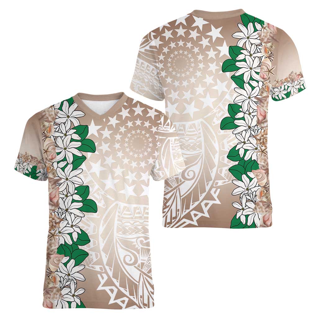 Cook Islands Tiare Maori With Conch Shell Women V-Neck T-Shirt 2025 Pasifika Polynesian Tattoo LT14 - Polynesian Pride
