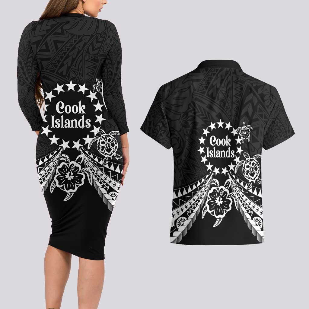 Kia Orana Cook Islands Couples Matching Long Sleeve Bodycon Dress and Hawaiian Shirt 2025 Pasifika Polynesian Turtle Black Color